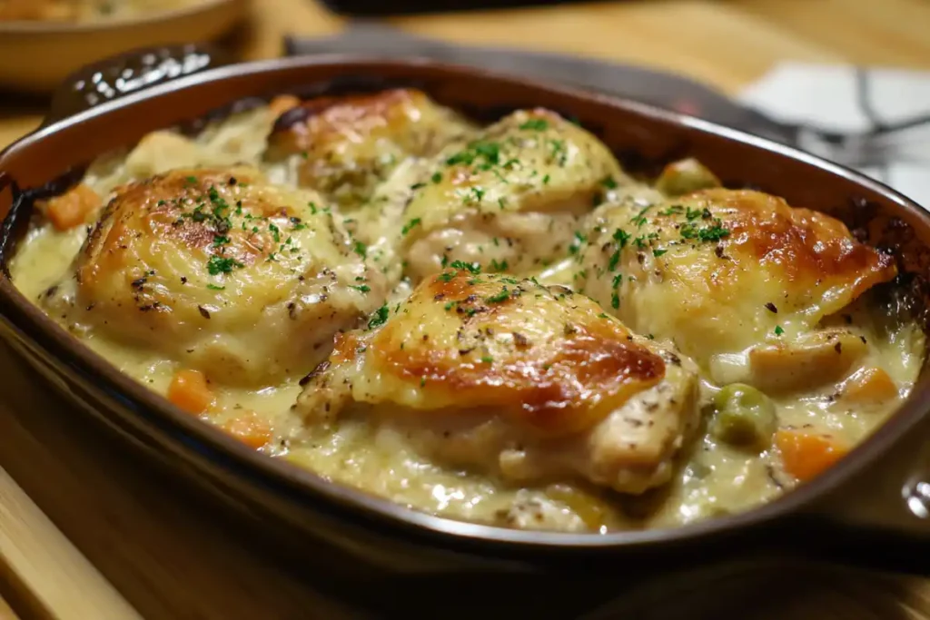 Creamy Million Dollar Chicken Casserole served in a white baking dish with golden crust and garnished with fresh parsley.