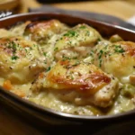 Creamy Million Dollar Chicken Casserole served in a white baking dish with golden crust and garnished with fresh parsley.