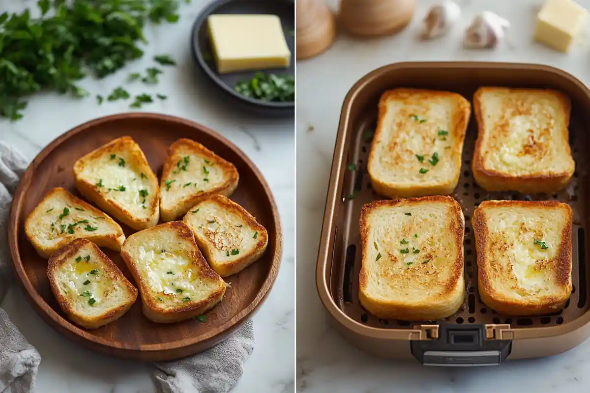 Texas toast slices being perfectly cooked in an air fryer basket