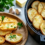 Golden-brown Texas toast in an air fryer basket, perfectly crisp and buttered on both sides.