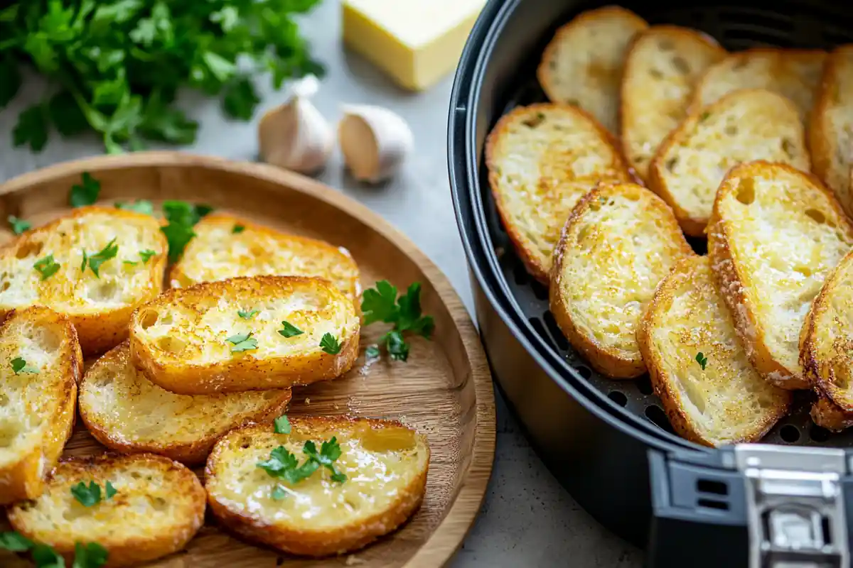 Golden-brown Texas toast in an air fryer basket, perfectly crisp and buttered on both sides.