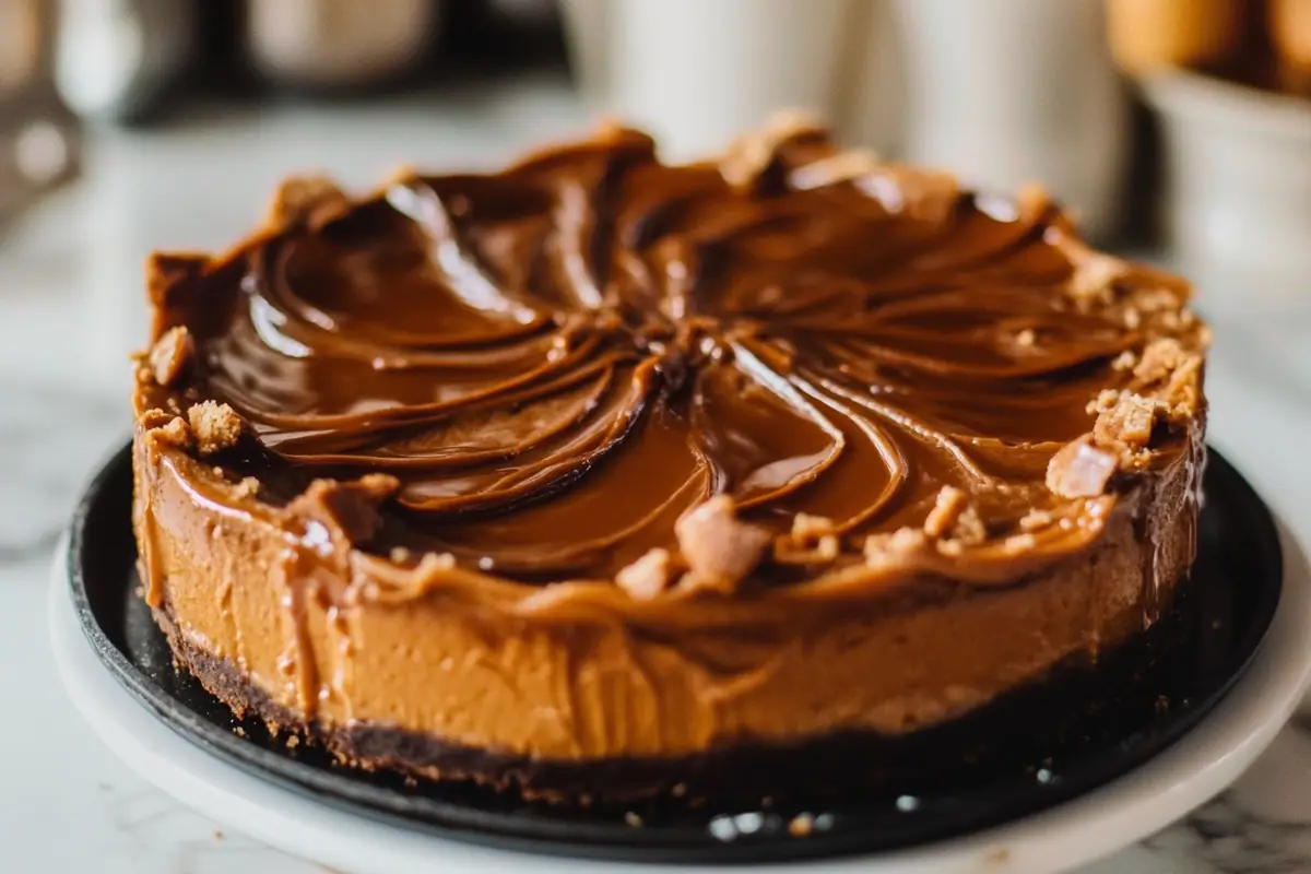 A caramel cheesecake topped with swirled caramel and cookie crumbles sits on a black plate.