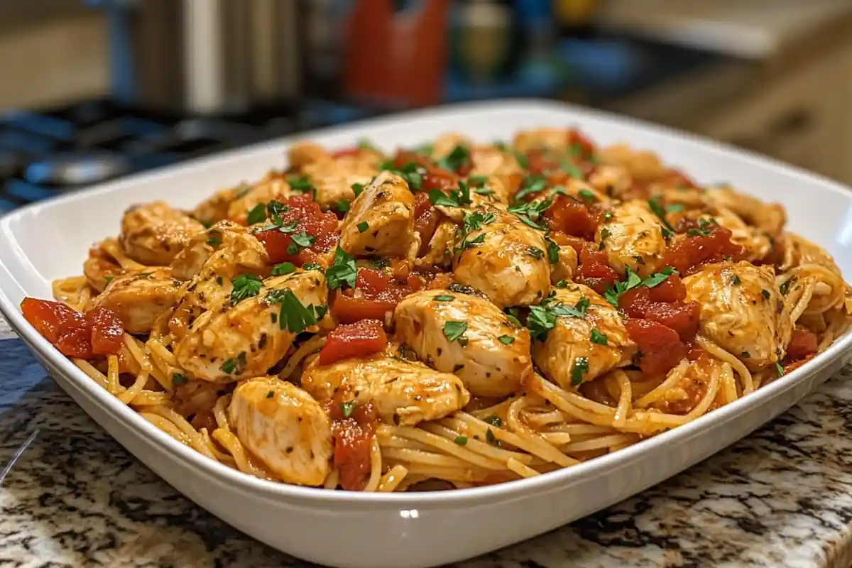 Creamy Marry Me Chicken Pasta topped with fresh herbs served in a white bowl.