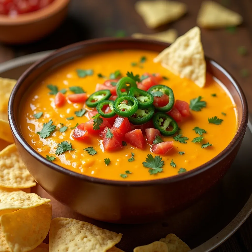 A bowl of creamy queso dip with tortilla chips, garnished with diced tomatoes and cilantro, perfect for a classic Tex-Mex appetizer.