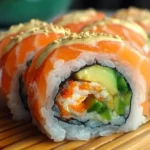 Close-up of a freshly prepared Alaska Roll with salmon, avocado, and crab meat wrapped in sushi rice and seaweed.