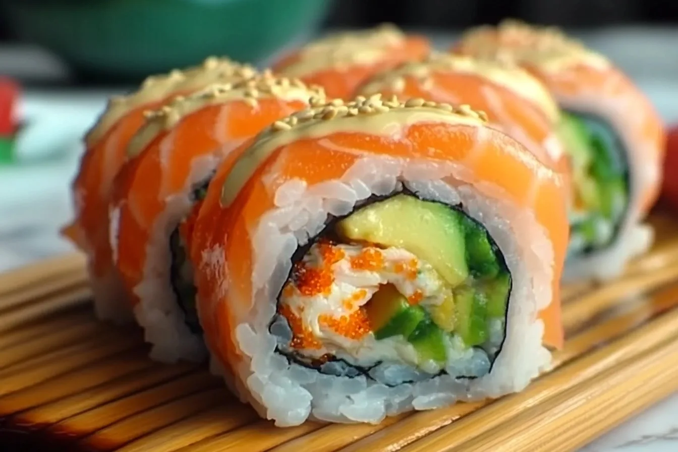 Close-up of a freshly prepared Alaska Roll with salmon, avocado, and crab meat wrapped in sushi rice and seaweed.