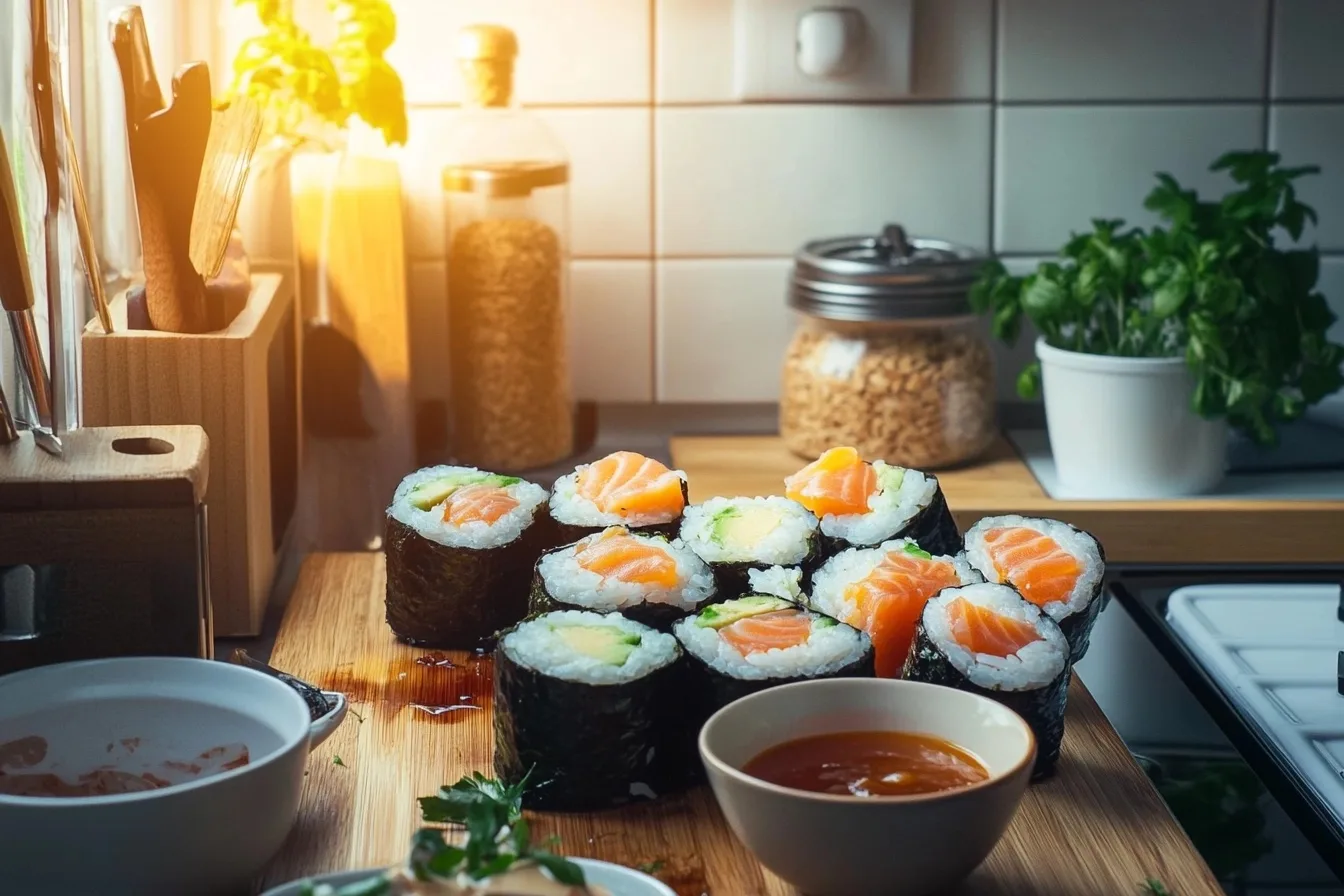 A vibrant sushi platter showcasing a Philadelphia roll and an Alaska roll side by side, highlighting the key differences in ingredients and presentation.