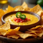 A bowl of creamy queso surrounded by crispy tortilla chips, garnished with diced tomatoes and jalapeños.