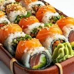 A close-up of an Alaskan roll featuring fresh salmon, avocado, and cucumber on a white plate, garnished with sesame seeds and served with soy sauce.