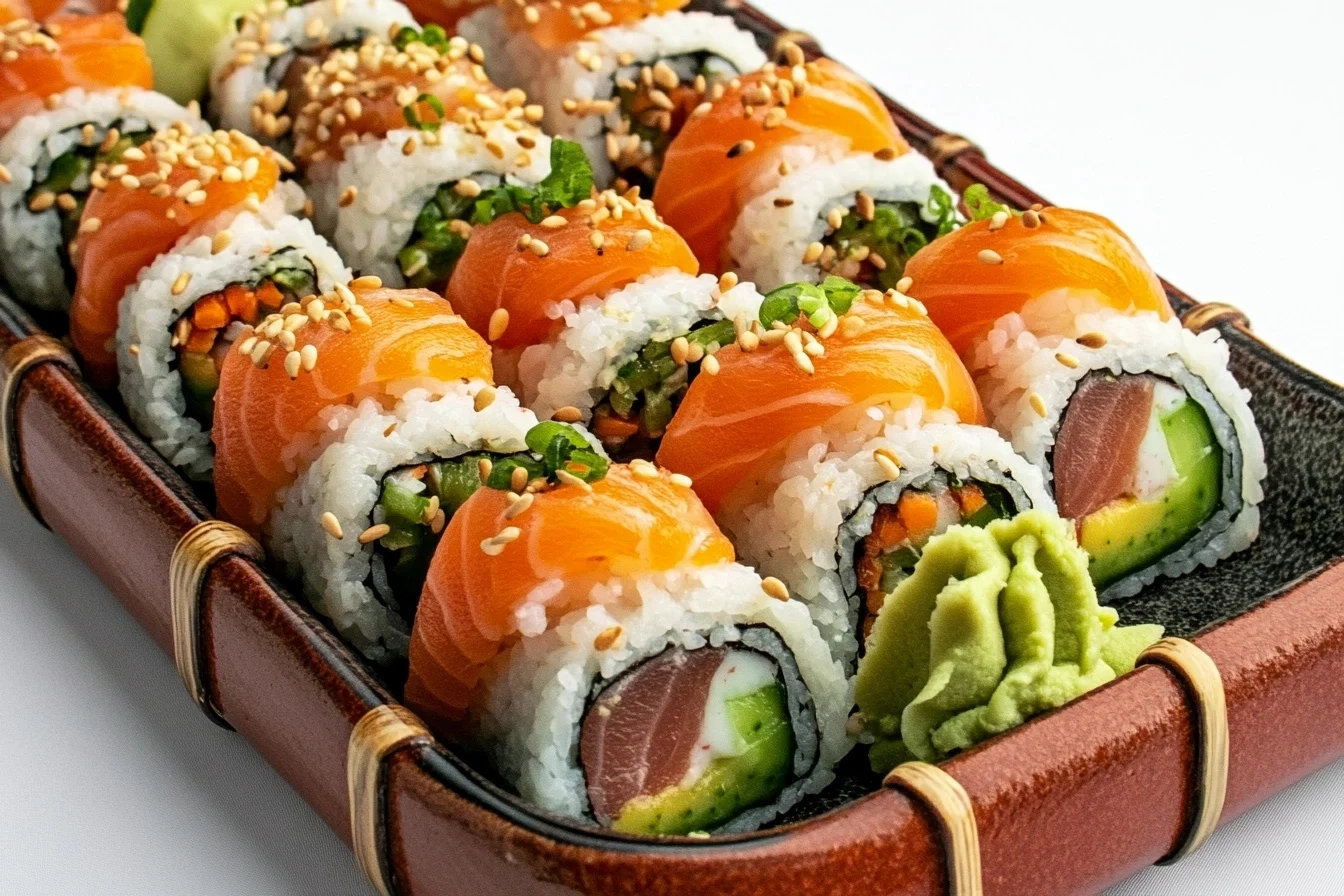 A close-up of an Alaskan roll featuring fresh salmon, avocado, and cucumber on a white plate, garnished with sesame seeds and served with soy sauce.