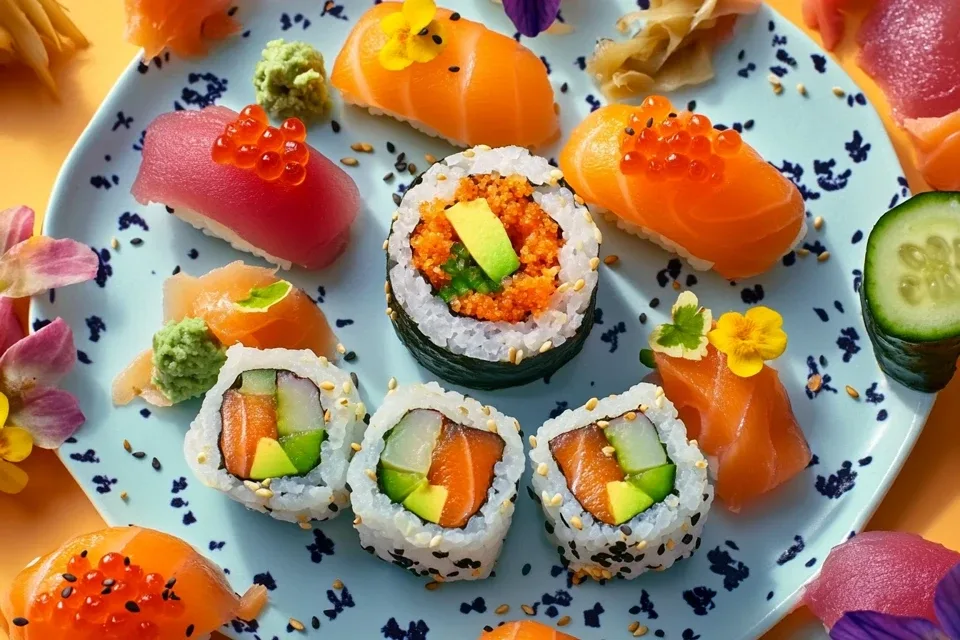 A freshly prepared Alaska sushi roll featuring salmon, avocado, cucumber, and crab, showcasing vibrant colors and garnished with a sprig of parsley.