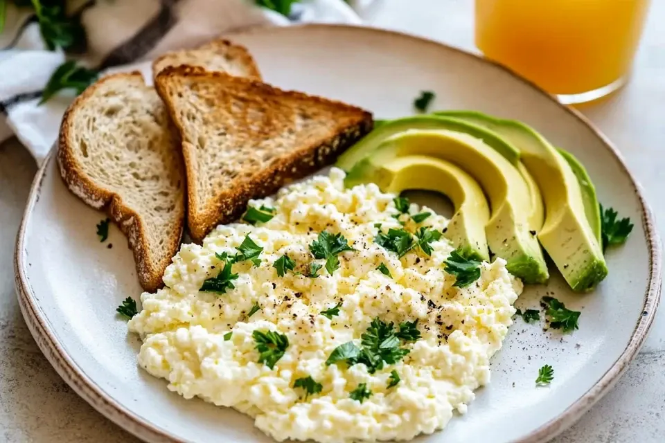 A creamy serving of cottage cheese eggs garnished with fresh parsley on a white plate