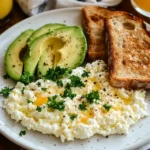 A plate of scrambled eggs mixed with creamy cottage cheese, garnished with fresh chives.