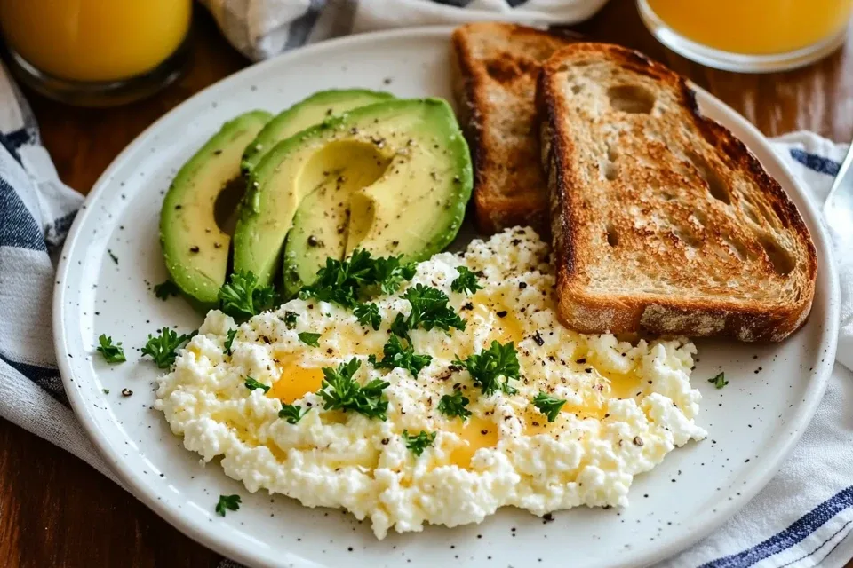 A plate of scrambled eggs mixed with creamy cottage cheese, garnished with fresh chives.