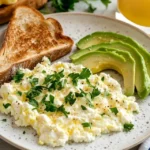 A close-up of scrambled eggs with cottage cheese on a white plate, showing a creamy texture and garnished with fresh herbs.