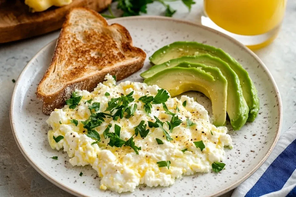 A close-up of scrambled eggs with cottage cheese on a white plate, showing a creamy texture and garnished with fresh herbs.