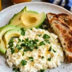 Scrambled eggs mixed with cottage cheese on a white plate, garnished with fresh parsley, showcasing the perfect breakfast recipe.