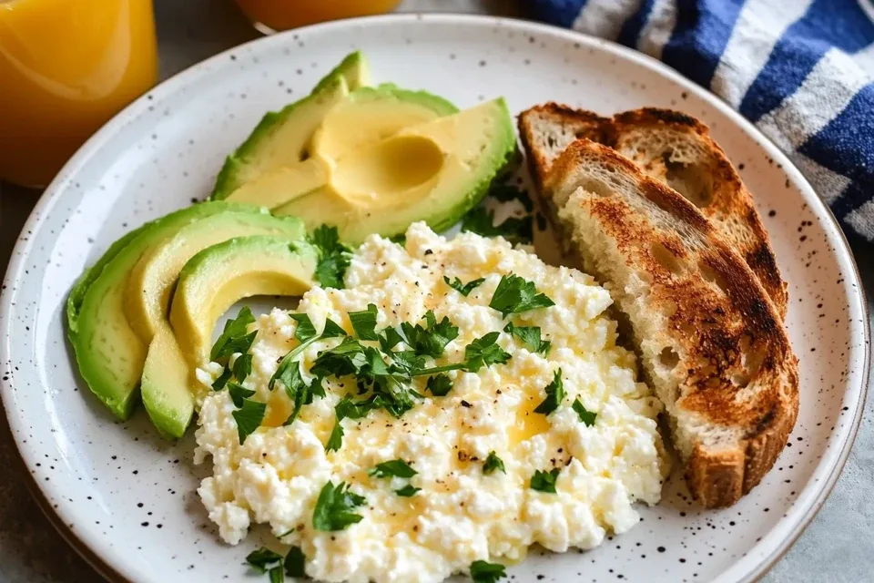 Scrambled eggs mixed with cottage cheese on a white plate, garnished with fresh parsley, showcasing the perfect breakfast recipe.