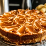 Dulce de leche cheesecake topped with a rich caramel drizzle