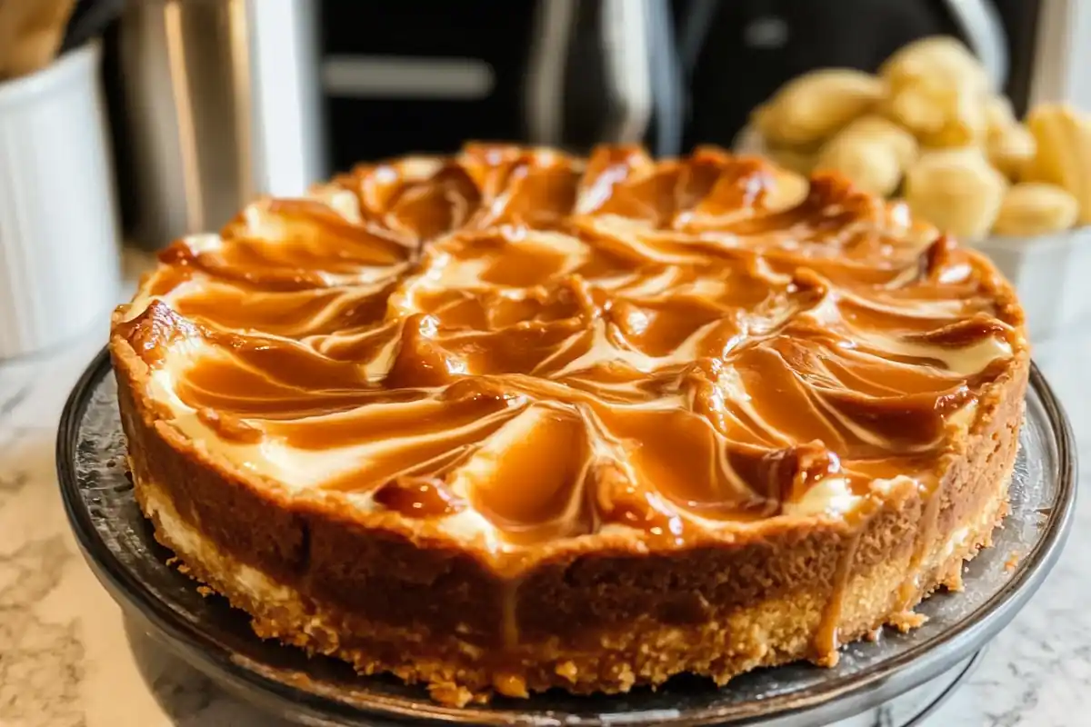 Dulce de leche cheesecake topped with a rich caramel drizzle