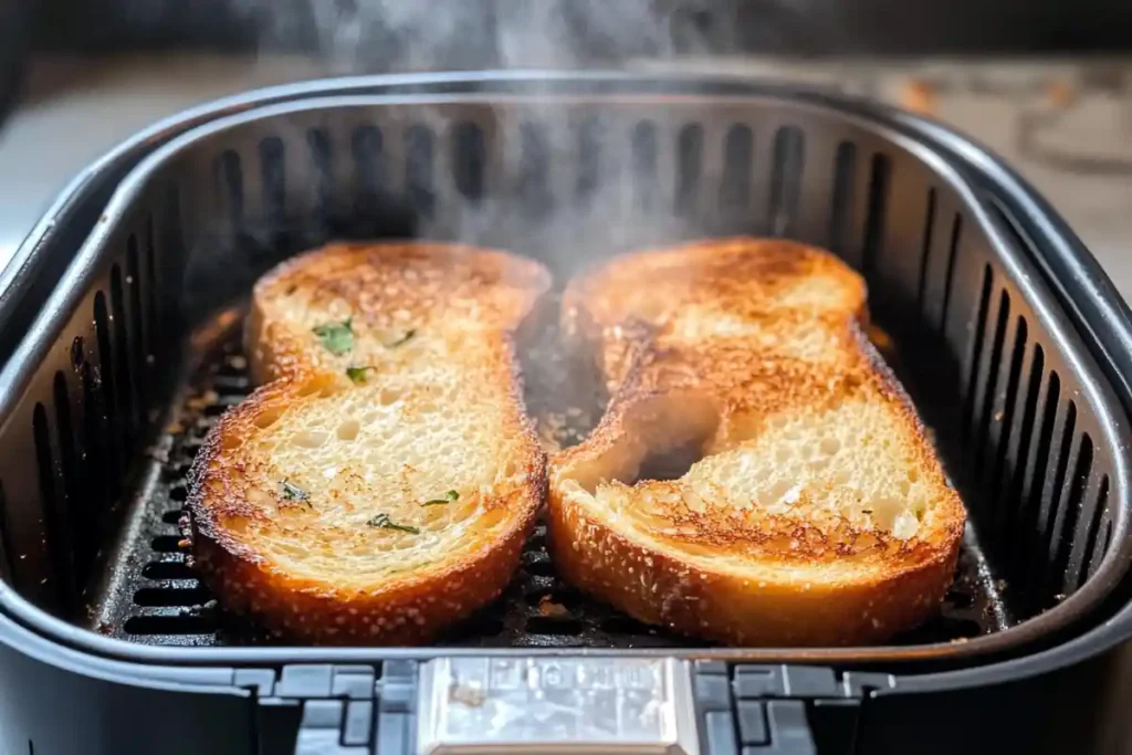 Air fryer with toast cooking inside at optimal temperature.