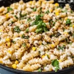 Creamy Elote Pasta Salad with fresh corn, lime, and cilantro in a bowl