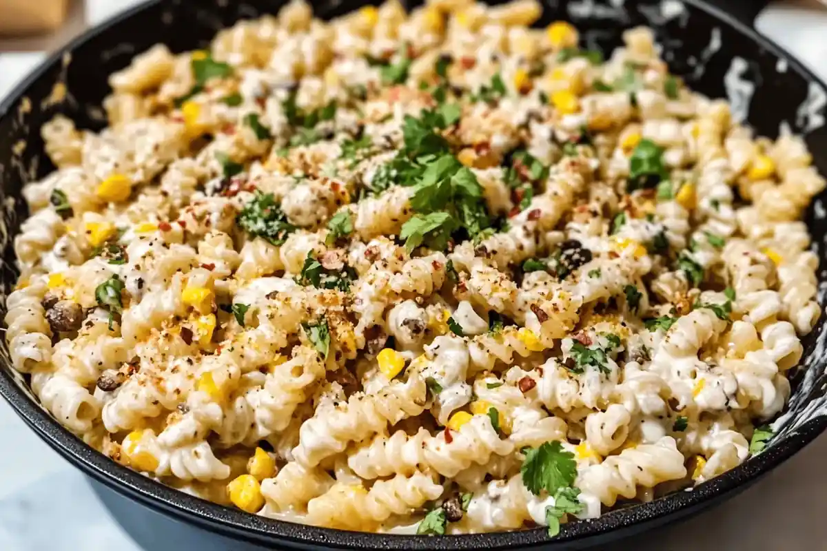 Creamy Elote Pasta Salad with fresh corn, lime, and cilantro in a bowl