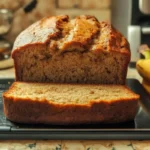 Freshly baked banana bread made in a bread machine, sliced and ready to serve on a wooden cutting board