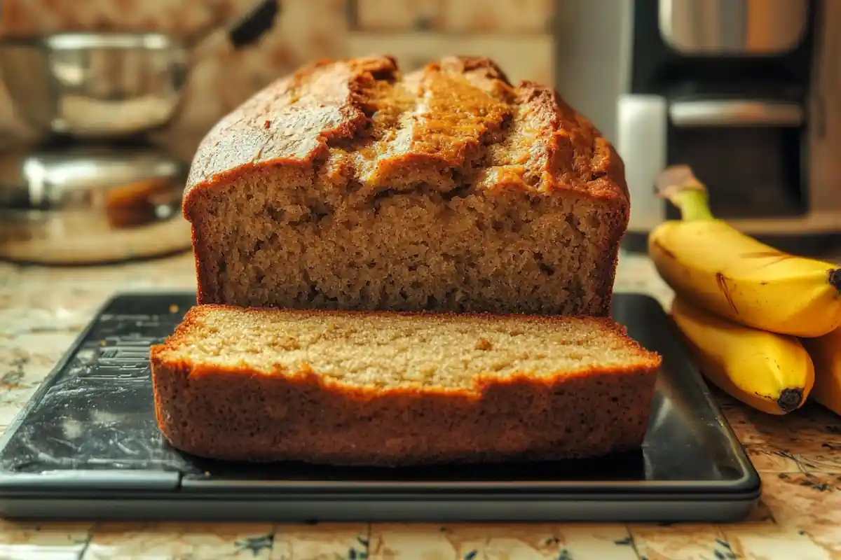 Freshly baked banana bread made in a bread machine, sliced and ready to serve on a wooden cutting board