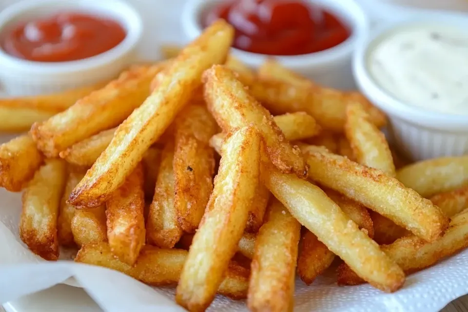 Crispy chicken fries served with dipping sauces like BBQ and ranch, highlighting their irresistible appeal.