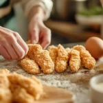 A person is breading chicken tenders in a kitchen.