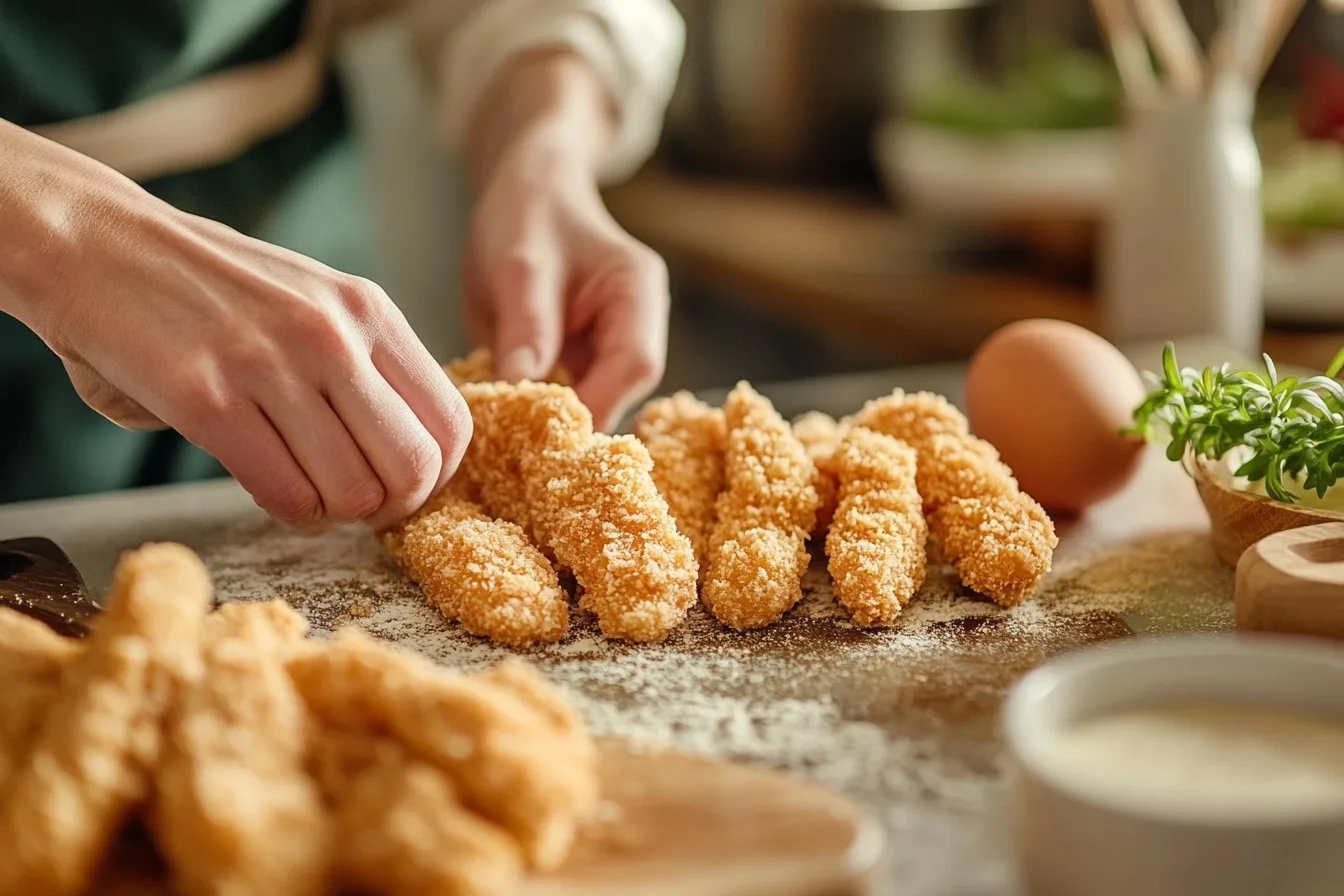 A person is breading chicken tenders in a kitchen.