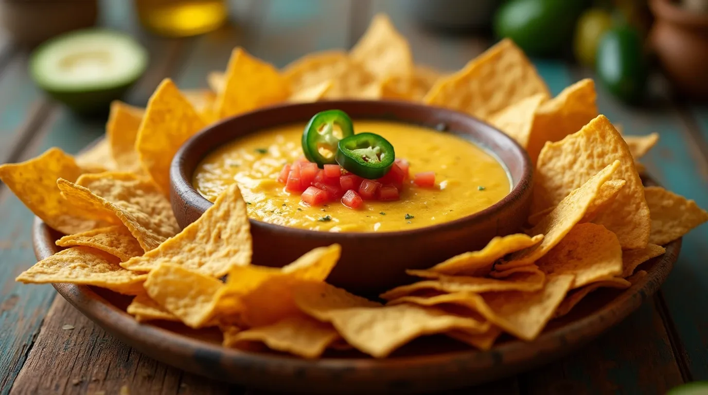 A bowl of creamy queso surrounded by crispy tortilla chips, garnished with diced tomatoes and jalapeños.