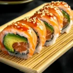 A freshly prepared Alaska roll made of sushi rice, nori, fresh salmon, avocado, cucumber, and sesame seeds, sliced and beautifully presented on a black plate.