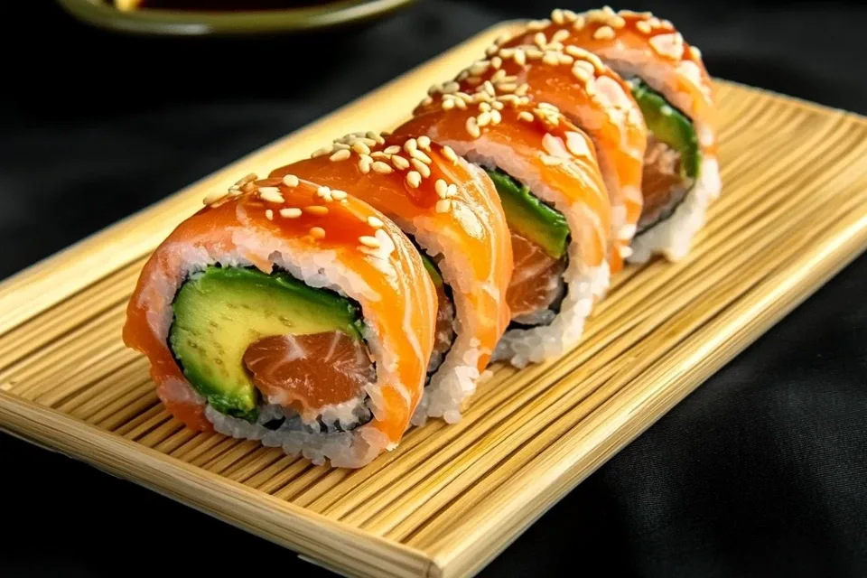 A freshly prepared Alaska roll made of sushi rice, nori, fresh salmon, avocado, cucumber, and sesame seeds, sliced and beautifully presented on a black plate.