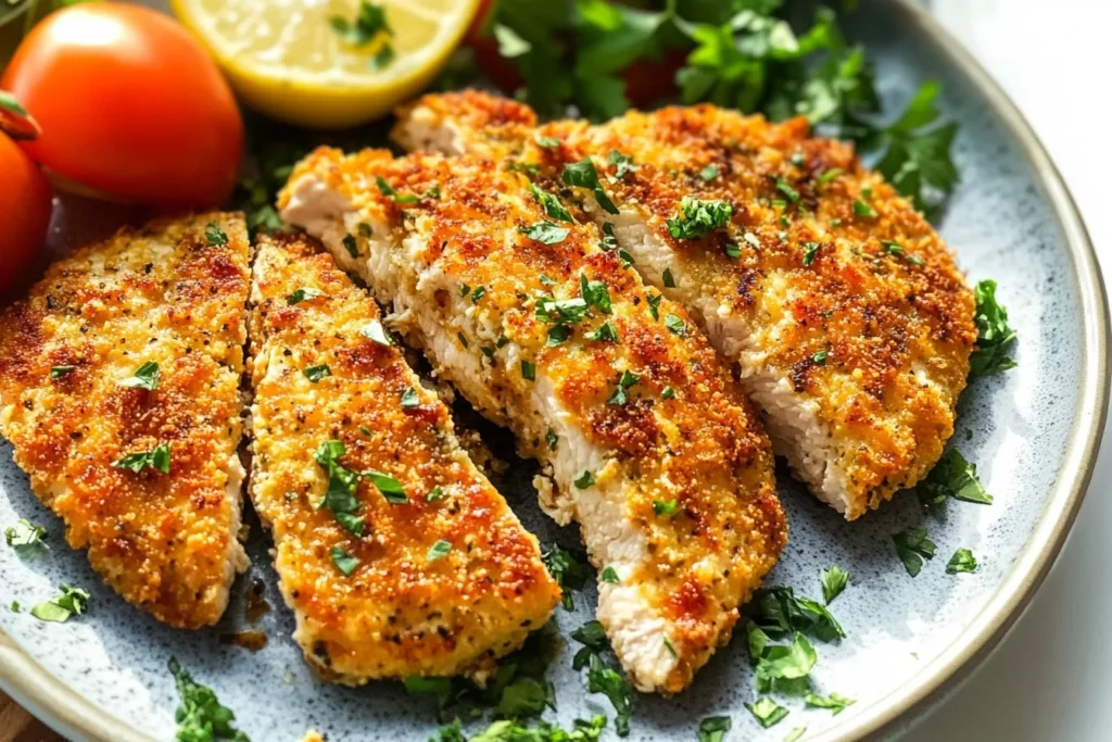 Golden baked chicken cutlets on a baking sheet with parsley garnish