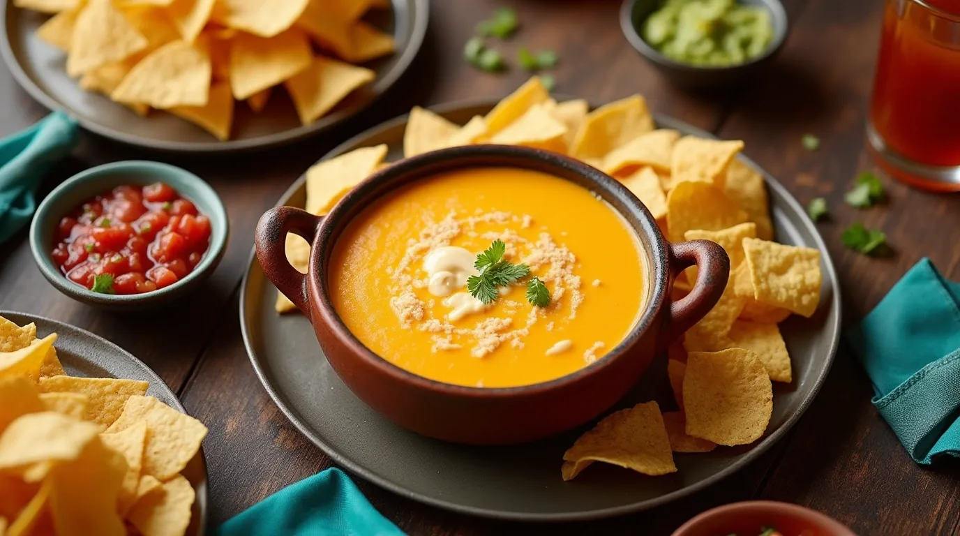 A bowl of creamy queso dip surrounded by tortilla chips on a rustic wooden table, showing the perfect pairing for queso dip enjoyment.