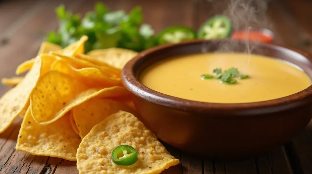 Tortilla chips served with a bowl of creamy queso dip garnished with jalapeños and cilantro.