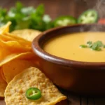 Tortilla chips served with a bowl of creamy queso dip garnished with jalapeños and cilantro.