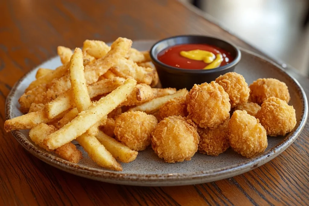 A plate of crispy chicken fries and chicken nuggets served with dipping sauces, highlighting the key differences in shape and texture.