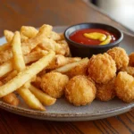 A plate of crispy chicken fries and chicken nuggets served with dipping sauces, highlighting the key differences in shape and texture.