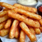 A plate of crispy chicken fries served with dipping sauces like ketchup and ranch, showcasing their golden, fry-like appearance.