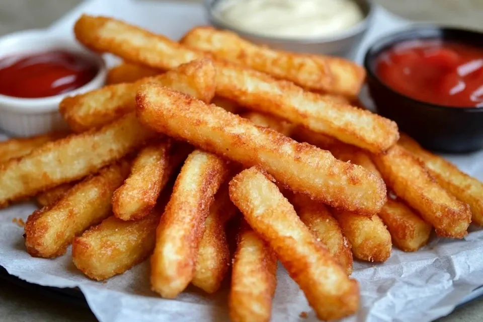 A plate of crispy chicken fries served with dipping sauces like ketchup and ranch, showcasing their golden, fry-like appearance.