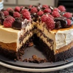 A chocolate cake with layers of frosting and raspberries with chocolate drizzle on top sits on a plate with a slice cut out.