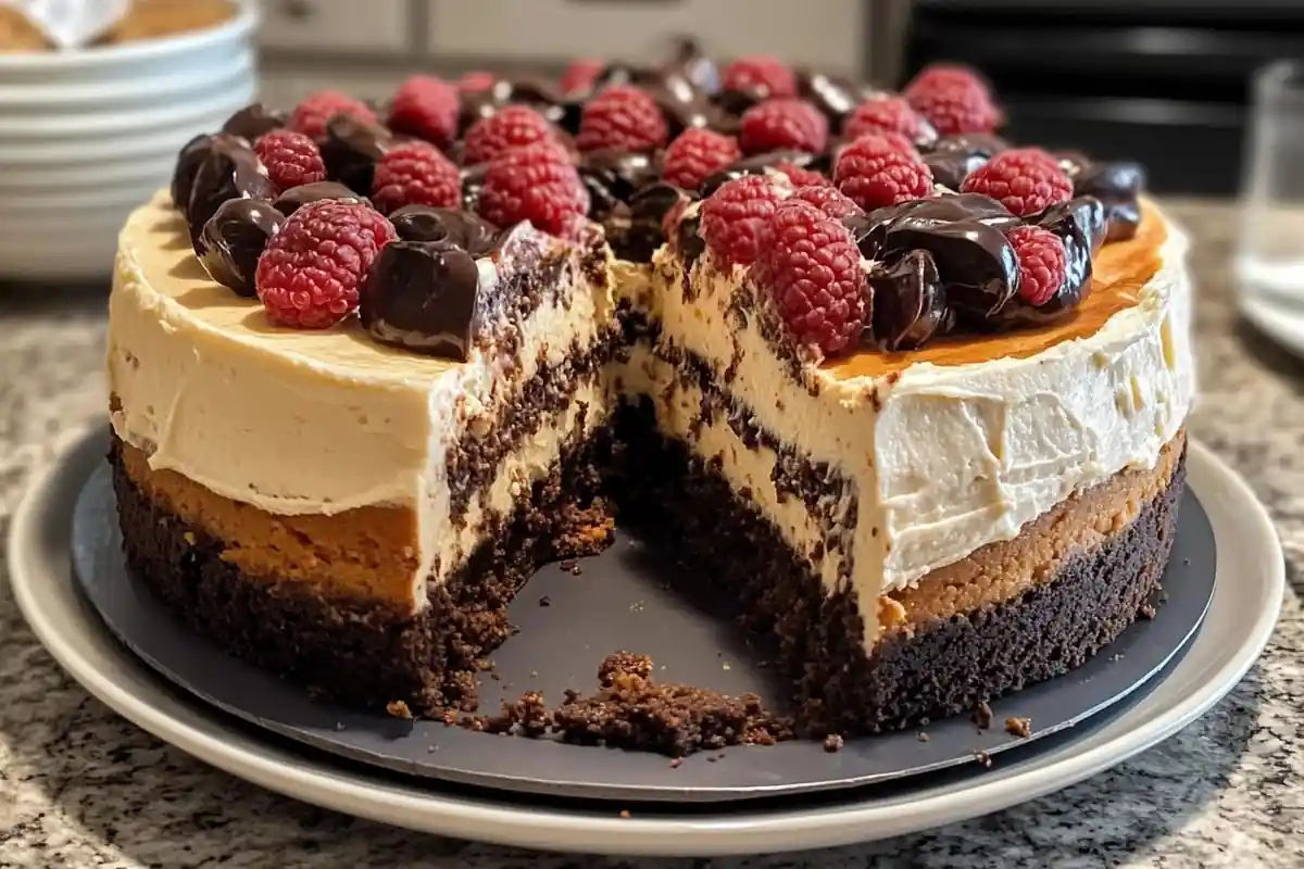 A chocolate cake with layers of frosting and raspberries with chocolate drizzle on top sits on a plate with a slice cut out.