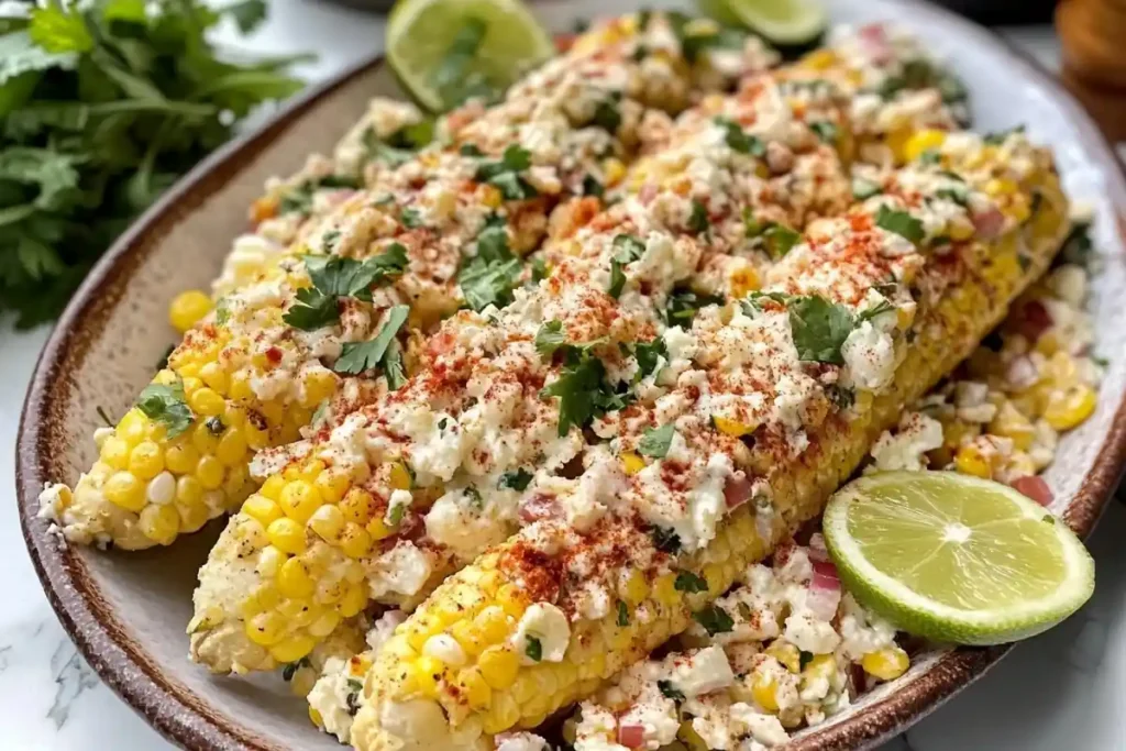 Four corn on the cob topped with cotija cheese, red onions, cilantro, and chili powder are served on an oval platter with lime wedges.