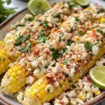 Four corn on the cob topped with cotija cheese, red onions, cilantro, and chili powder are served on an oval platter with lime wedges.