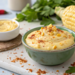 "Close-up of creamy elote dressing in a bowl, showcasing its texture and visible ingredients like mayonnaise, cotija cheese, and chili powder."