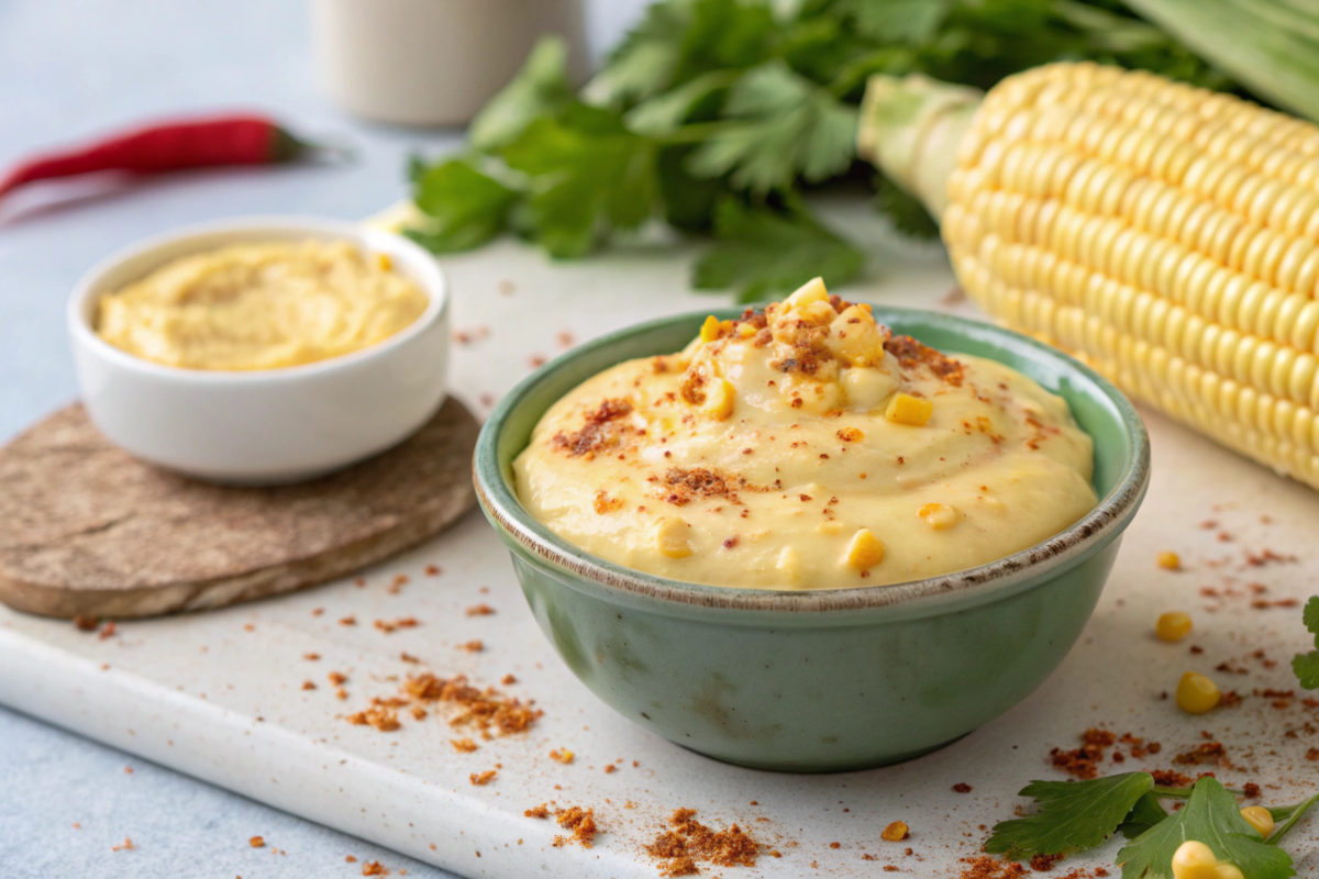 "Close-up of creamy elote dressing in a bowl, showcasing its texture and visible ingredients like mayonnaise, cotija cheese, and chili powder."