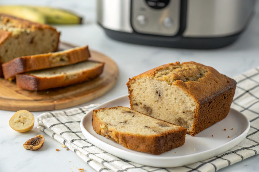 A slice of moist banana bread with visible banana flecks, shown close-up against a softly blurred background. A small portion of a bread machine is visible in the background